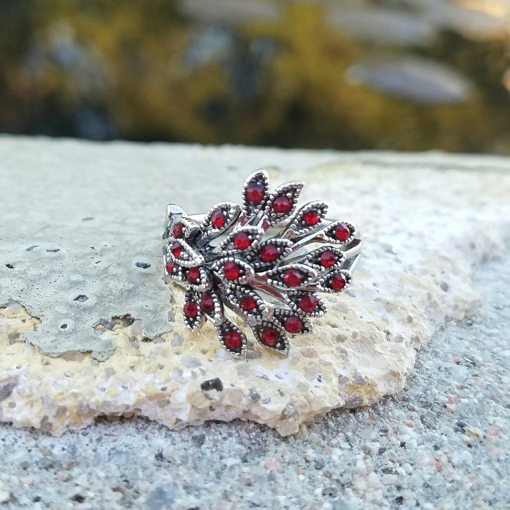 Marcasite Red CZ Peacock Feathers Cocktail Ring